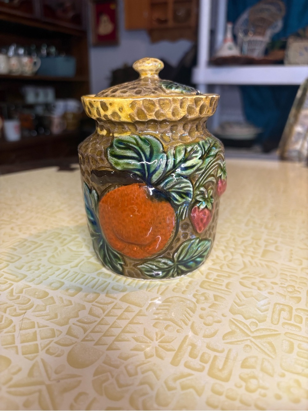 Vintage Ceramic Fruit Jar with Lid - Orange & Green